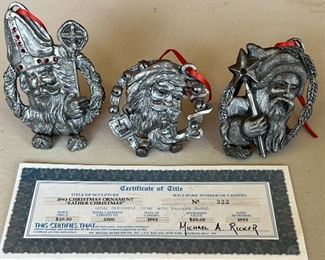(3) Michael Ricker Pewter Ornaments With Bases - 1 With COA