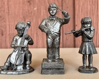 (3) Small Pewter Figurines By Michael Ricker - Composer 1992, Flute, And Upright Bass 1988