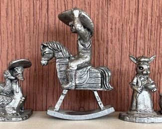 (3) Small Michael Ricker Pewter Figurines - Swan, Rocker, And Rabbit