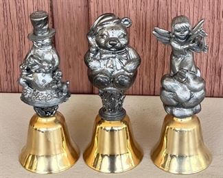 (3) Assorted Michael Ricker Pewter Bells - Snowman, Angel, And Bear