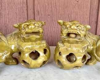 Rare Pair Of Vintage Chinese Wood Hand Carved Foo Dogs With Sphere Inside Mouth