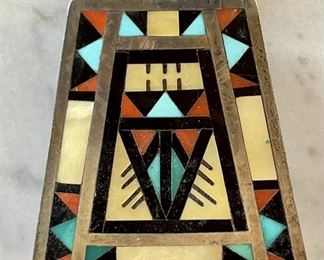 Stunning Alex And Marylita Boone Zuni New Mexico Sterling Silver Inlay Bolo Tie With Silver Tips