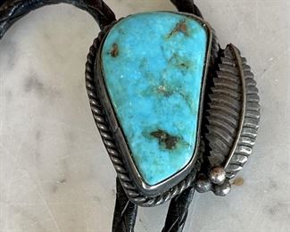 Old Pawn Turquoise And Sterling Silver Navajo Braided Leather Bolo Tie