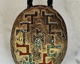 Vintage Sterling Silver Navajo Inlay Bolo Tie With Silver Tips (as Is)