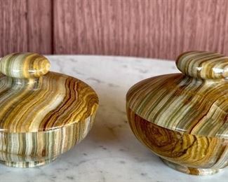 Vintage Pair Of Hand Carved Onyx Small Bowls With Lids