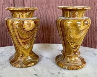 Vintage Pair Of Hand Carved Onyx Stone Vases