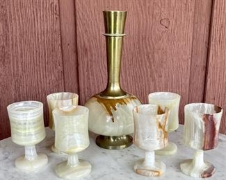 Vintage Hand Carved Onyx And Brass Wine Decanter With (6) Hand Carved Goblets