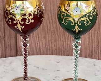 Ruby Red And Green Made In Italy Murano Enamel Twist Glass Goblets With Gold Trim