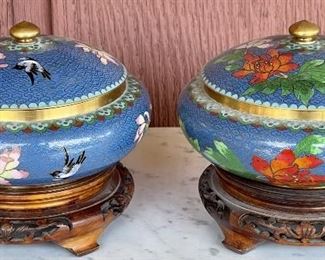 Stunning Pair Of Cloisonne Enamel Lidded Pots On Hand Carved Wood Bases