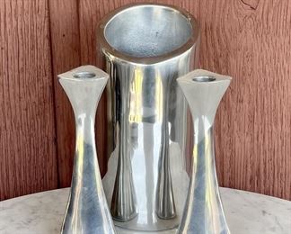 Nambe Silver Wine Holder And (2) Matching Candle Holders With Original Paperwork