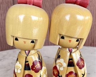 Pair Of Vintage Japan Kokeshi Wood Dolls Hand Painted