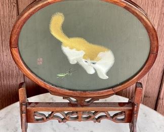 Antique Chinese Double Sided Fine Silk Embroidered Kitten Work Of Art In Rose Wood Frame 