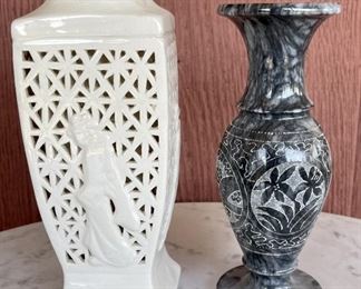 (2) Vintage Vases - C. Fellowship Co. Carved Marble And A Ceramic Pottery Asian Motif
