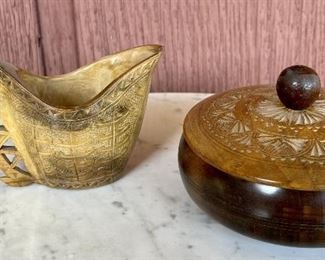 Vintage Hand Carved Wood Creamer And Hand Carved Wood Box With Lid