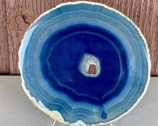 Vintage Blue Agate Slab With Crystal Middle And Stand