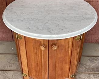 Round Marble Top Side Table With Wood Base And Brass Pulls