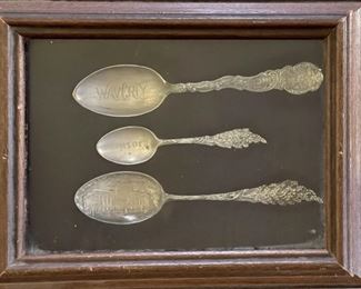 (3) Framed Antique Sterling Silver Souvenir Spoons Waverly Iowa, Lincoln Nebraska, Aurora