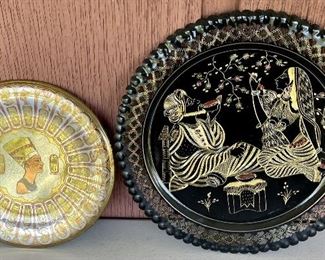 2 Vintage Etched Silver Plate And Black Trays Nefertiti And Couple 