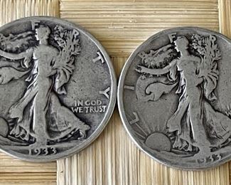 (2) 1933 Walking Silver Half Dollar Coins 