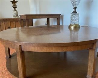 Triune by Drexel round cocktail / coffee table with a beautiful hexagonal walnut burl inlay. 