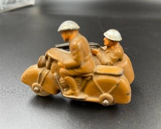1930's Auburn Rubber Military Motorcycle with Sidecar, Kahki Color, Original Great Paint