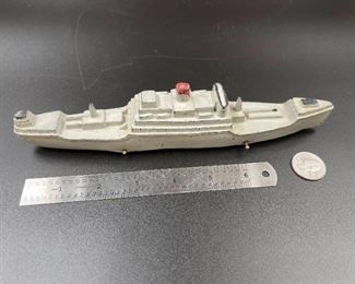 Rare Auburn Rubber 1940s Military Battleship with All Original Paint and Wheels, Silver, Red and Black Paint