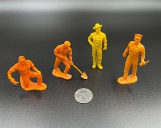 Four 3 Inch Tall Rubber Construction Worker People Figures 1950 Toys Orange and Yellow Auburn Rubber