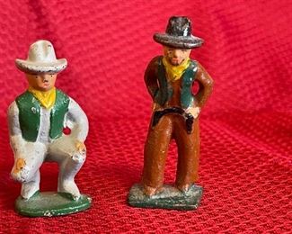 Lead Toy 2 Cowboys Barclay Manoil Pre-WWII Due To Lead Green Base 1930-1940s Stands 2 & 1/2 Inches