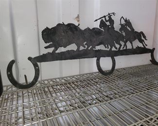 Custom metal wall hanger with horseshoes and buffalo/native scene– $30 or best offer