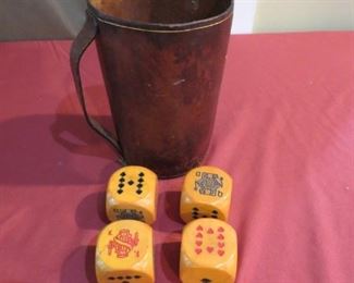 LARGE WOODEN DICE WITH DICE BUCKET.