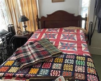 Red White and Blue antique quilt, 3/4 bed. wool plaid throws