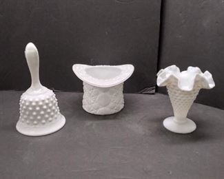 milk glass top hat, vase and bell