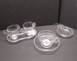candlewick cream and sugar, cup and saucer and spoon rest or ashtray