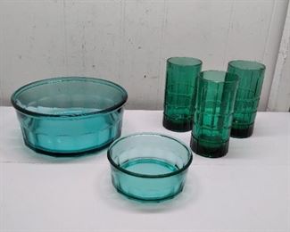 teal bowls and green glasses
