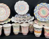 Mackenzie Childs Huge lot Hand Painted Terra Cotta including Plates, Mugs, and Cake Stand