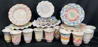 Mackenzie Childs Huge lot Hand Painted Terra Cotta  including Plates, Mugs, and Cake Stand