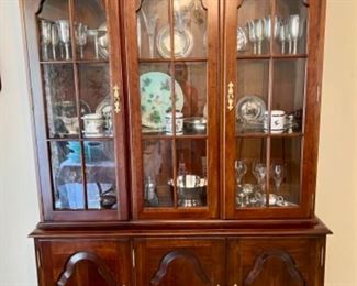 China cabinet with sterling, majolica, glass