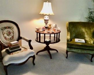 Living room chairs, table, collectibles 