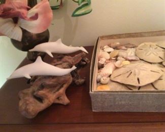 Shells, John Perry dolphins on wood