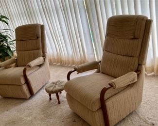 Pair recliner chairs, needlepoint stool