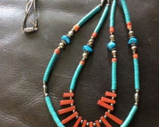 Turquoise and coral sterling native necklace
