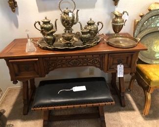 Link Taylor desk and leather ottoman made in  North Carolina 
Brass serving pieces and tray 
