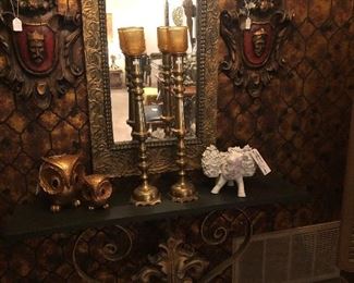 Beautiful entryway metal table and large ornate mirror 