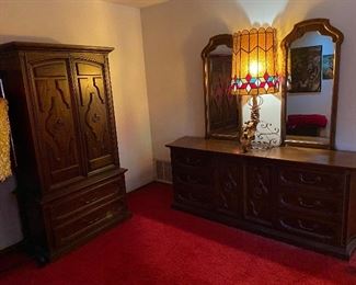 Bedroom armoire and dresser. Large stained glass lamp 