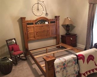 S O L D    Queen Pine Bed with metal inlay in headboard