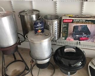 Assorted Frying Turkey Pots; Weber Charcoal, Coleman Stove  ( WEBER SOLD)