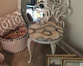 Cast Iron Vanity chair; oval mirror, beaded pillow, etc