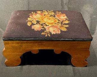 12. Needlepoint Footstool Black with ROSES 16" L x 11" W x 9" T ~ $45