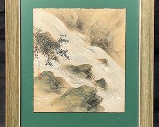 21. Waterfall - Japanese Gouche Painting on Paper, Framed Size 15” x 16” ~ $50
