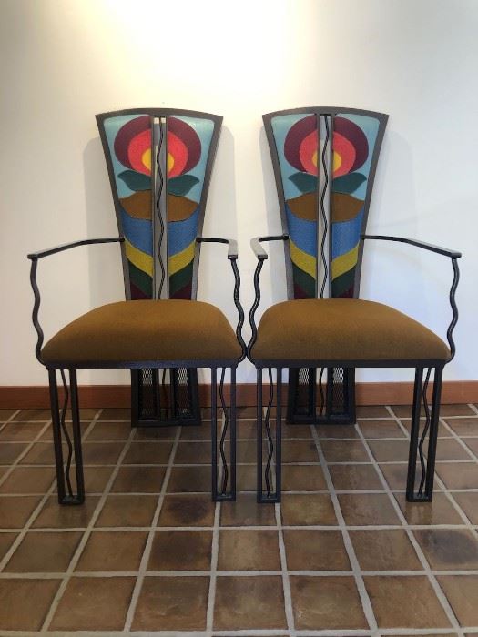 $2,200 pair OR if purchased with settee then $1,800. Unique iron armchairs with mixed fabric backs.